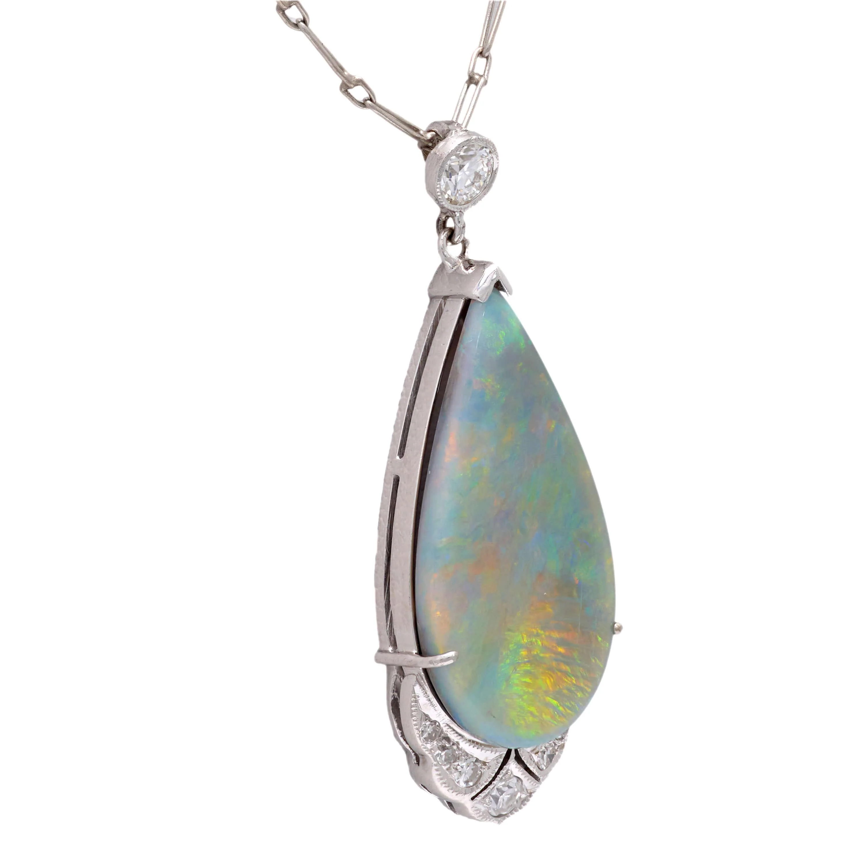 Art Deco 18k Opal and Diamond Teardrop Pendant Necklace - Image 4