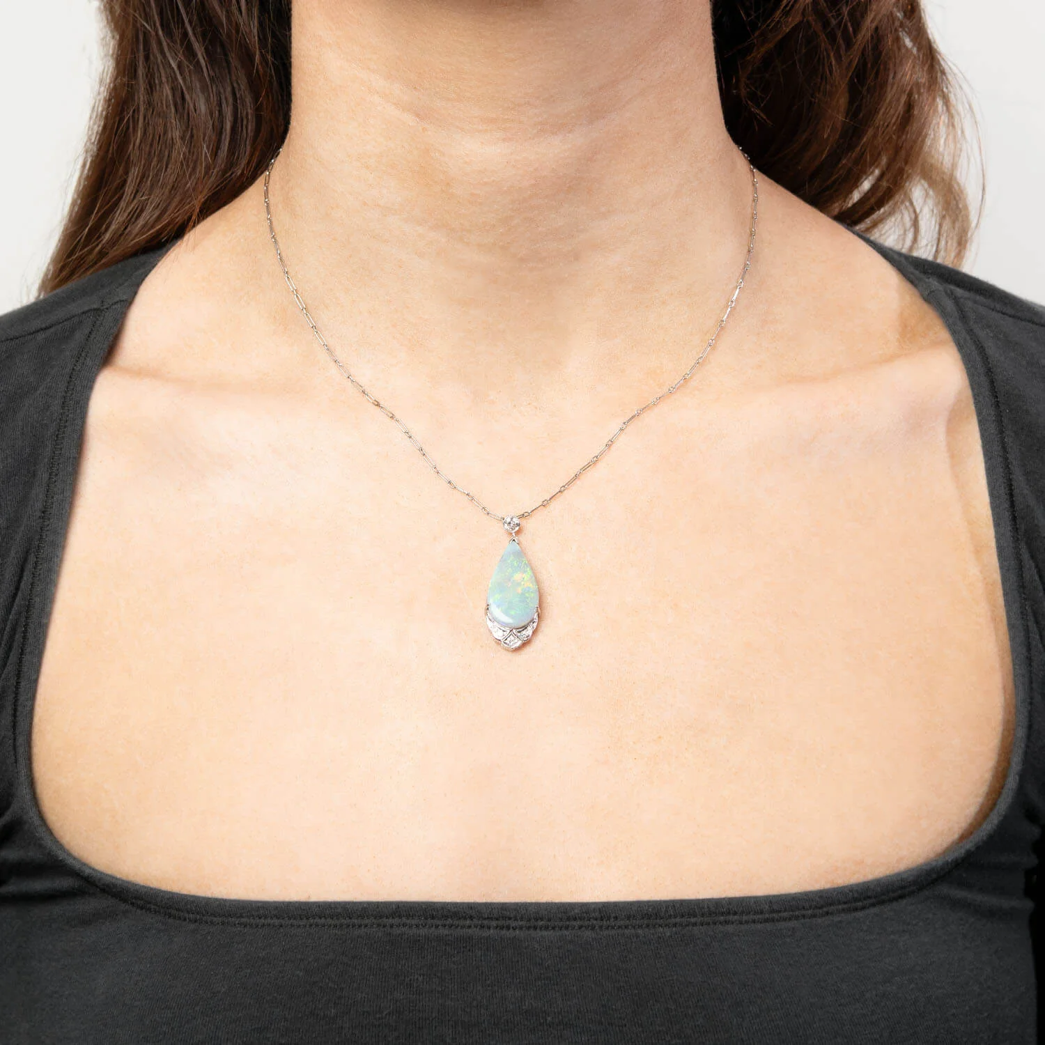 Art Deco 18k Opal and Diamond Teardrop Pendant Necklace - Image 6
