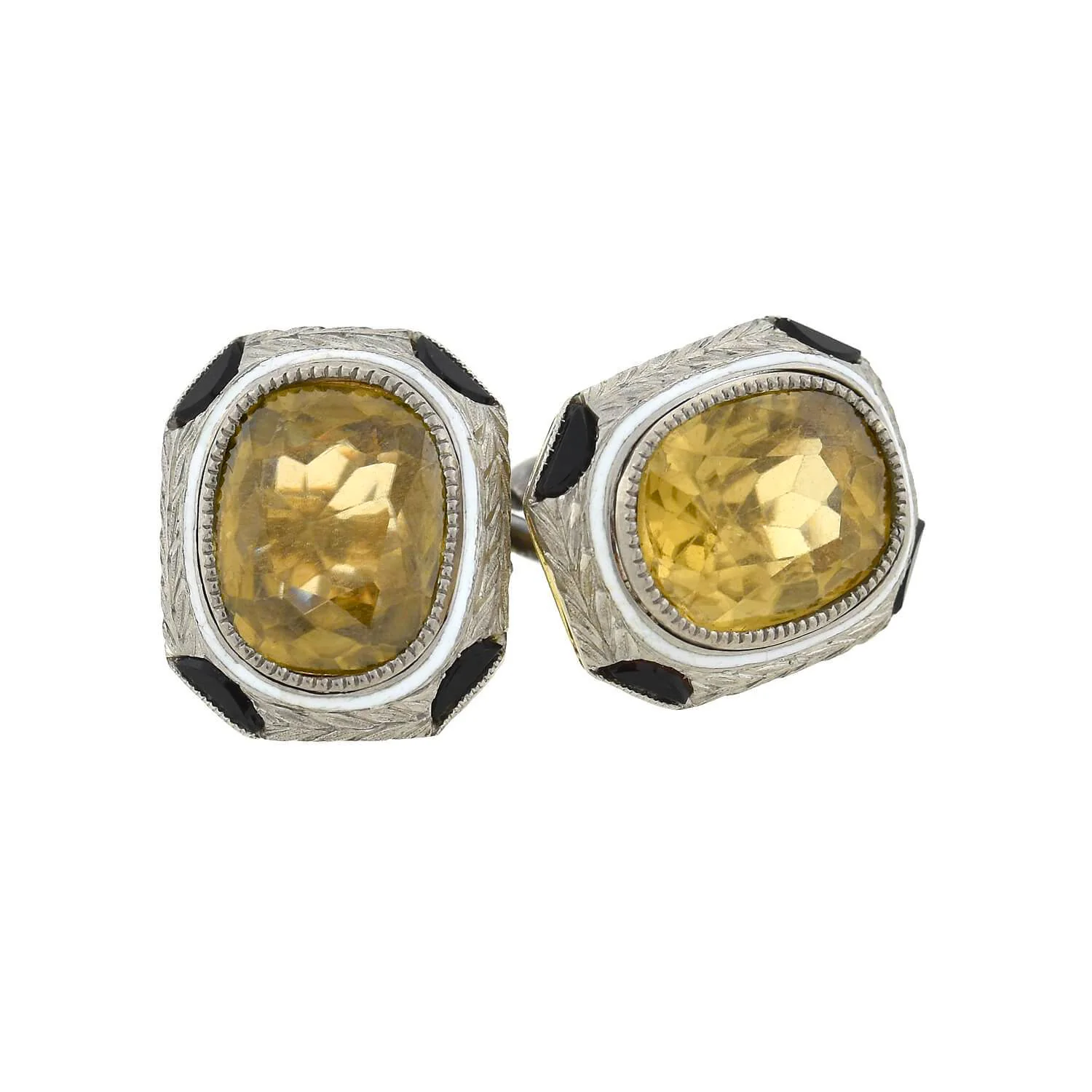 Art Deco 18kt White Enameled Citrine + Onyx Cufflinks - Image 5