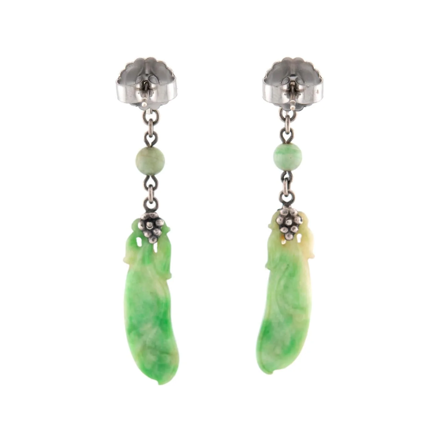 Art Deco Chinese Sterling Silver Carved Jade Earrings - Image 3