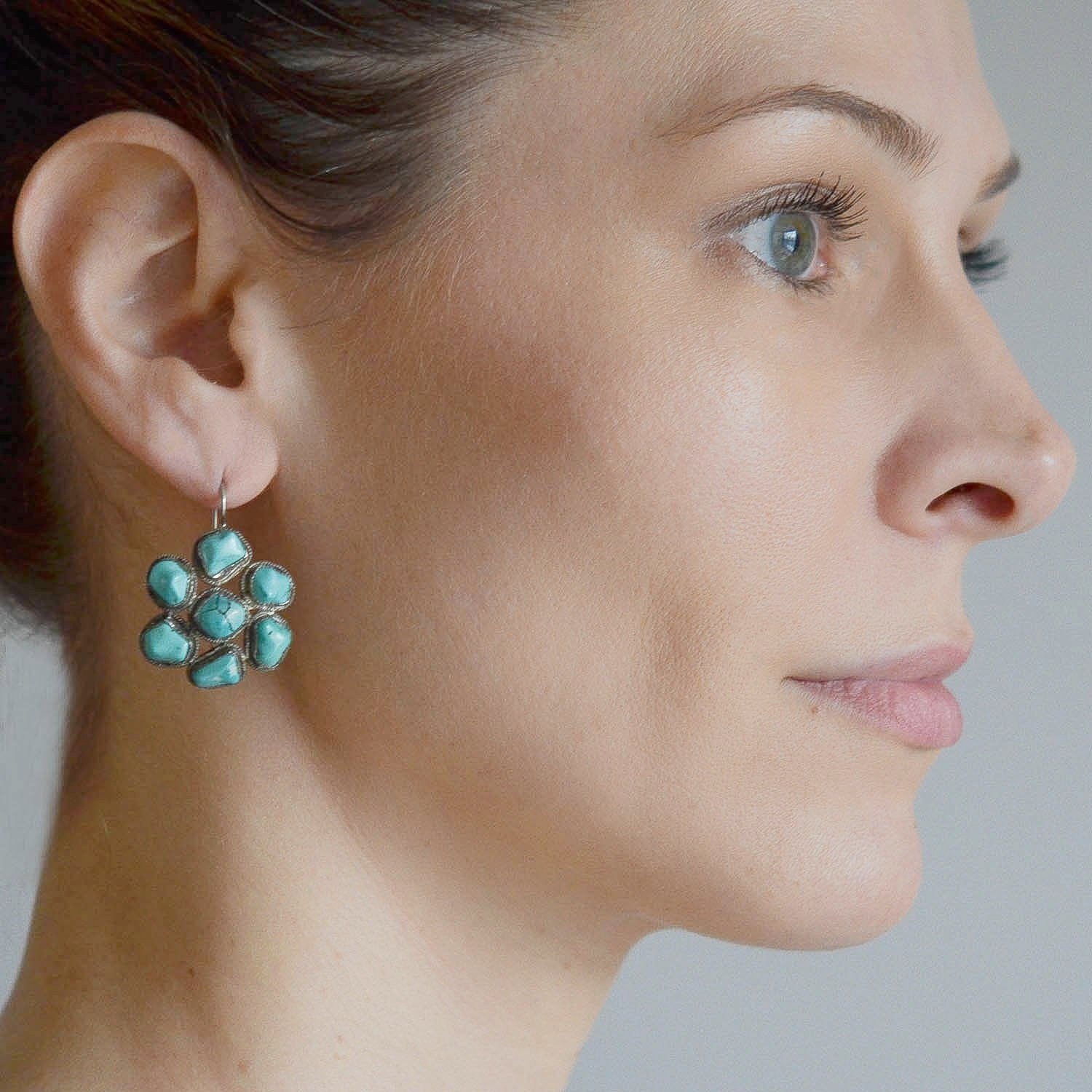 Art Deco Chinese Sterling + Turquoise Cluster Earrings - Image 7