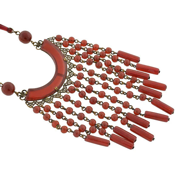 Art Deco Czechoslovakian Brass & Faux Carnelian Glass Necklace - Image 3