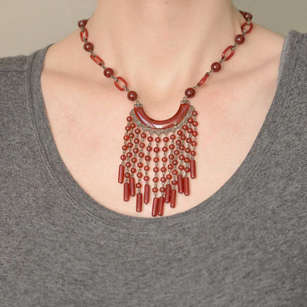 Art Deco Czechoslovakian Brass & Faux Carnelian Glass Necklace - Image 7