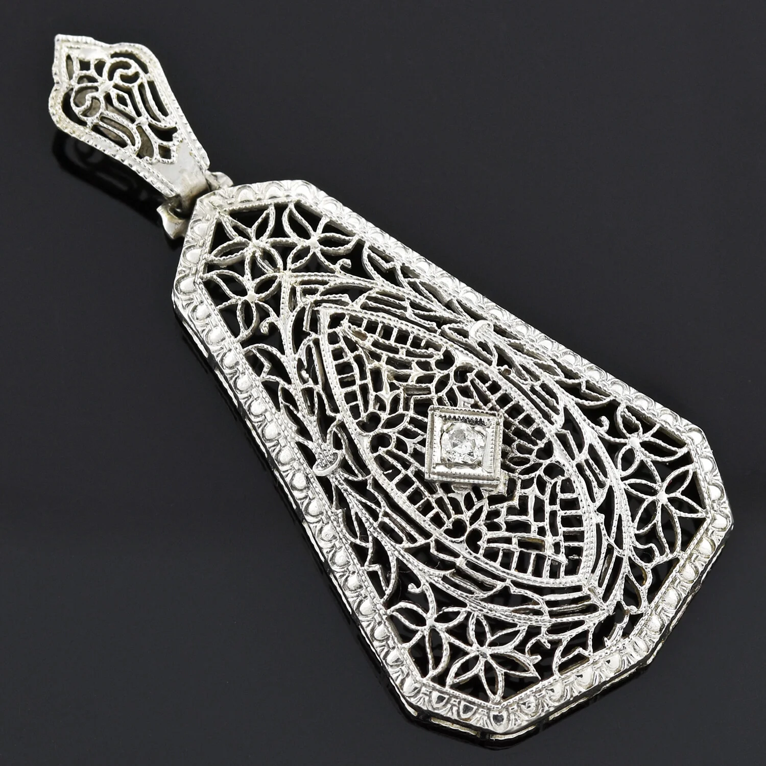 Art Deco Large 14kt Diamond Filigree Pendant - Image 2