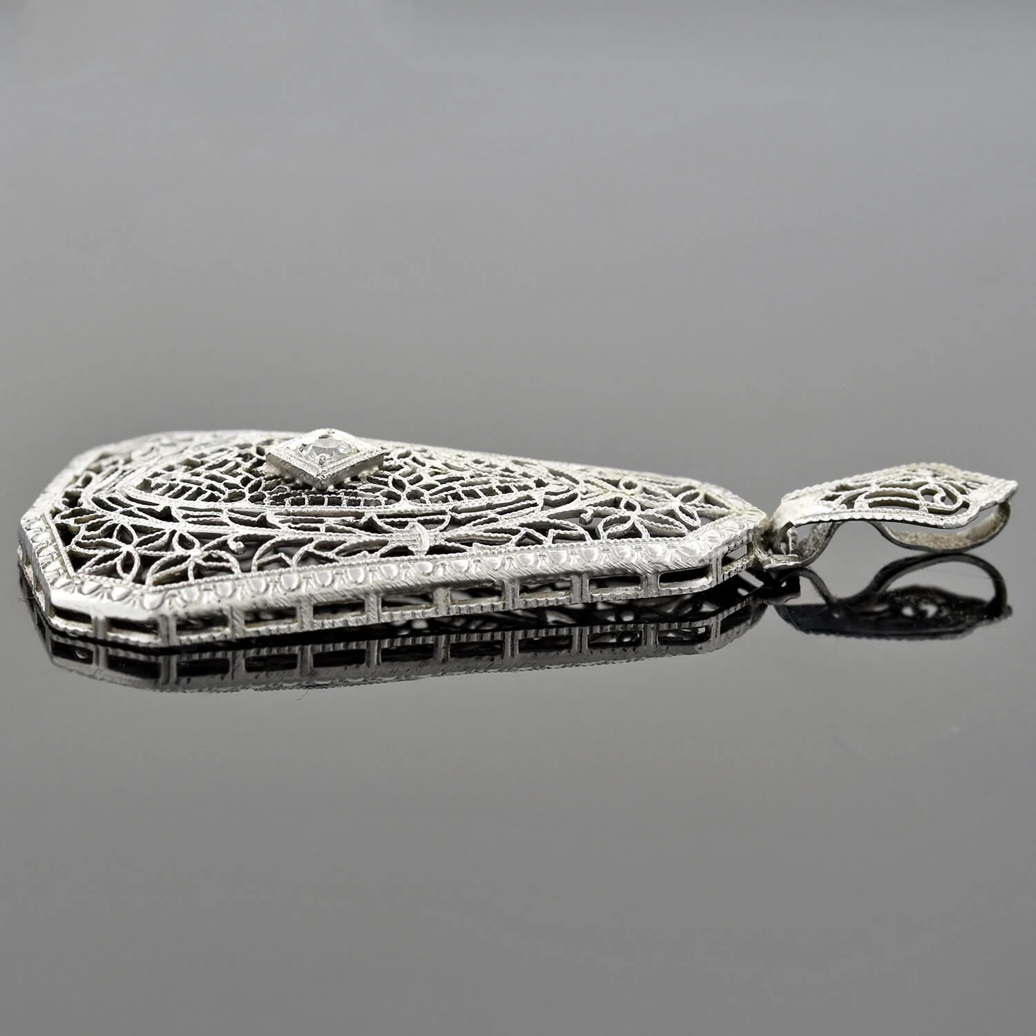 Art Deco Large 14kt Diamond Filigree Pendant - Image 3