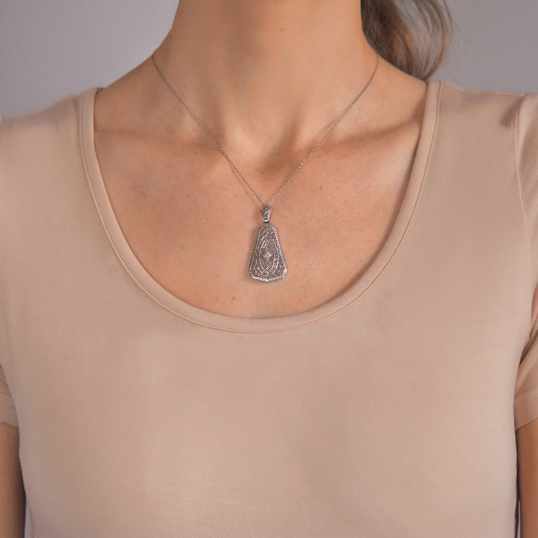 Art Deco Large 14kt Diamond Filigree Pendant - Image 6