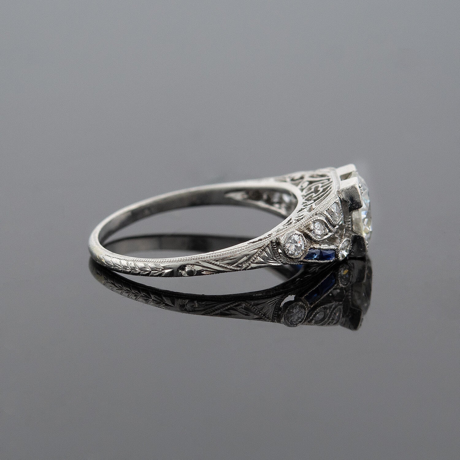 Art Deco Old European Cut Diamond + Sapphire Engagement Ring 1.20ct Center - Image 2