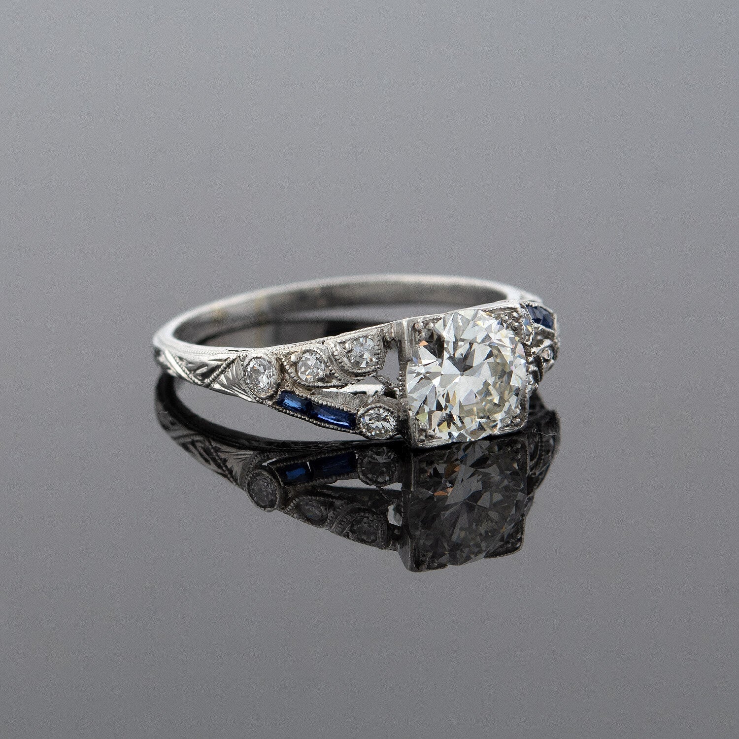 Art Deco Old European Cut Diamond + Sapphire Engagement Ring 1.20ct Center - Image 4