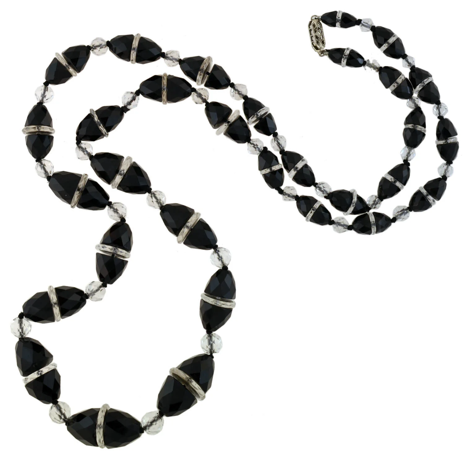 Art Deco Onyx + Rock Quartz Crystal Necklace 33"