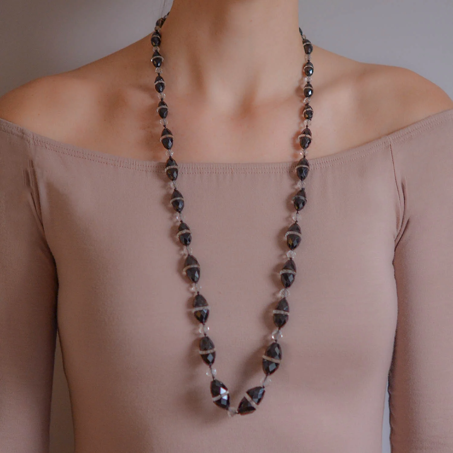Art Deco Onyx + Rock Quartz Crystal Necklace 33" - Image 7