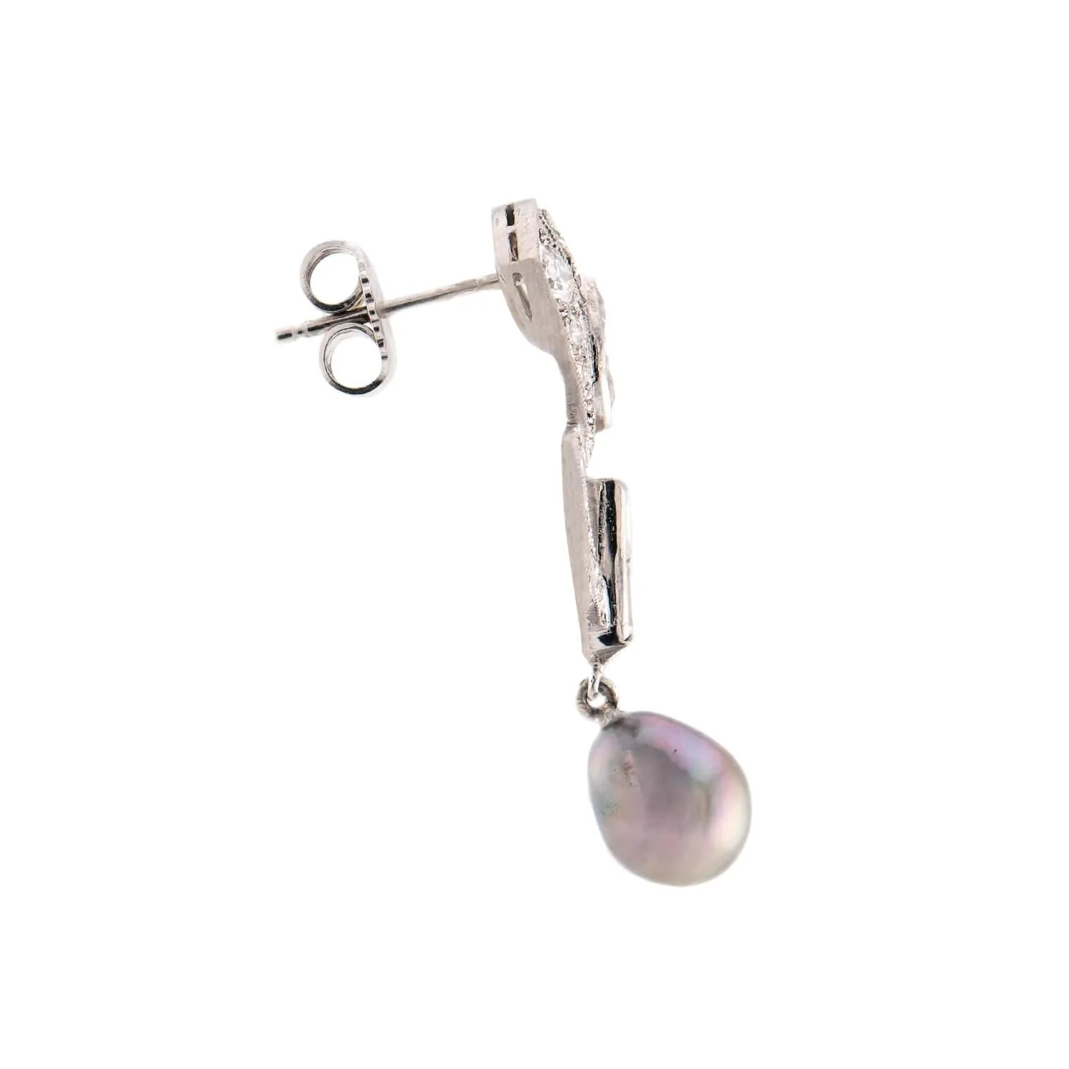 Art Deco Platinum/14K Diamond & Pearl Dangle Earrings - Image 2