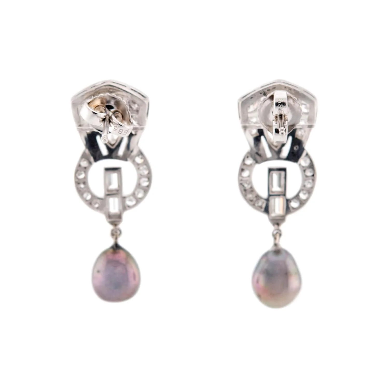 Art Deco Platinum/14K Diamond & Pearl Dangle Earrings - Image 3
