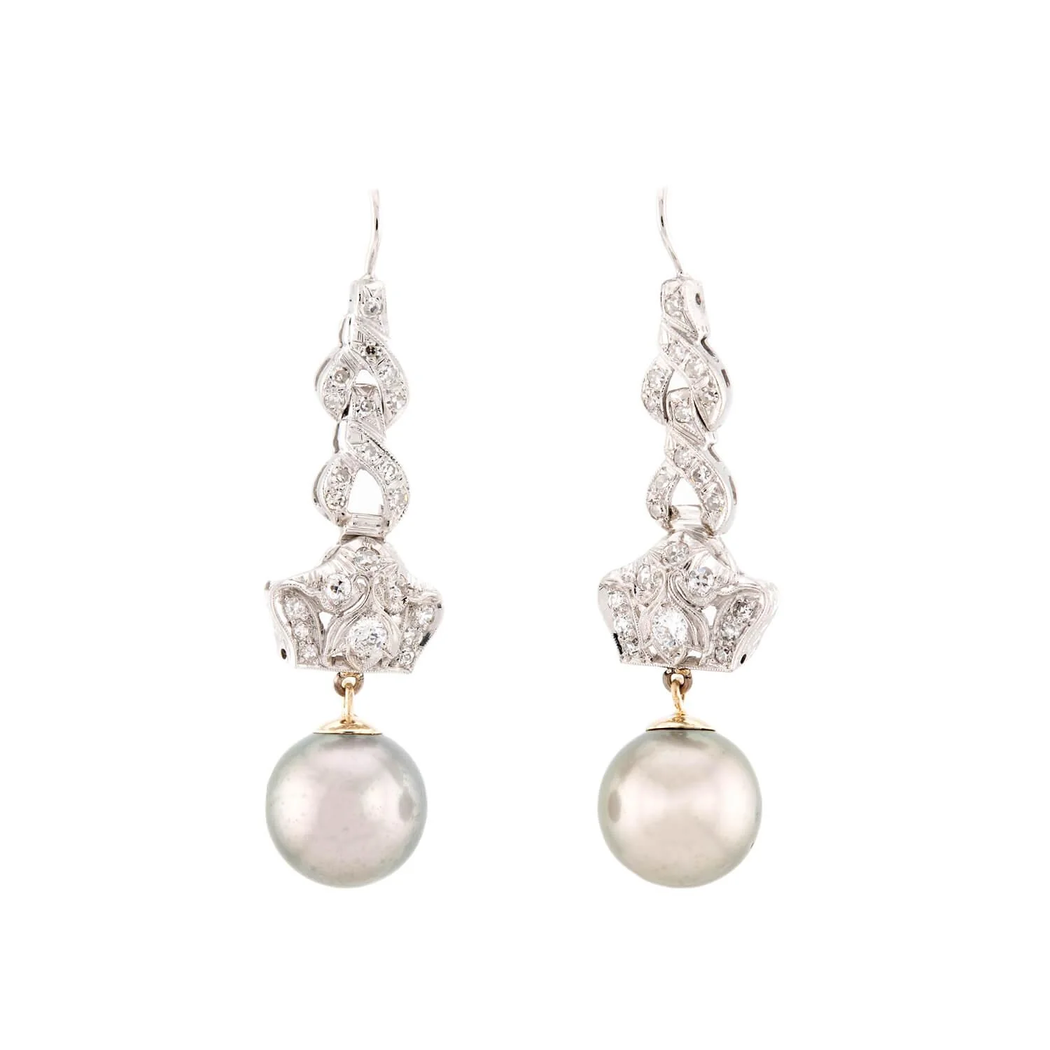 Art Deco Platinum/18k Diamond and Pearl Drop Earrings