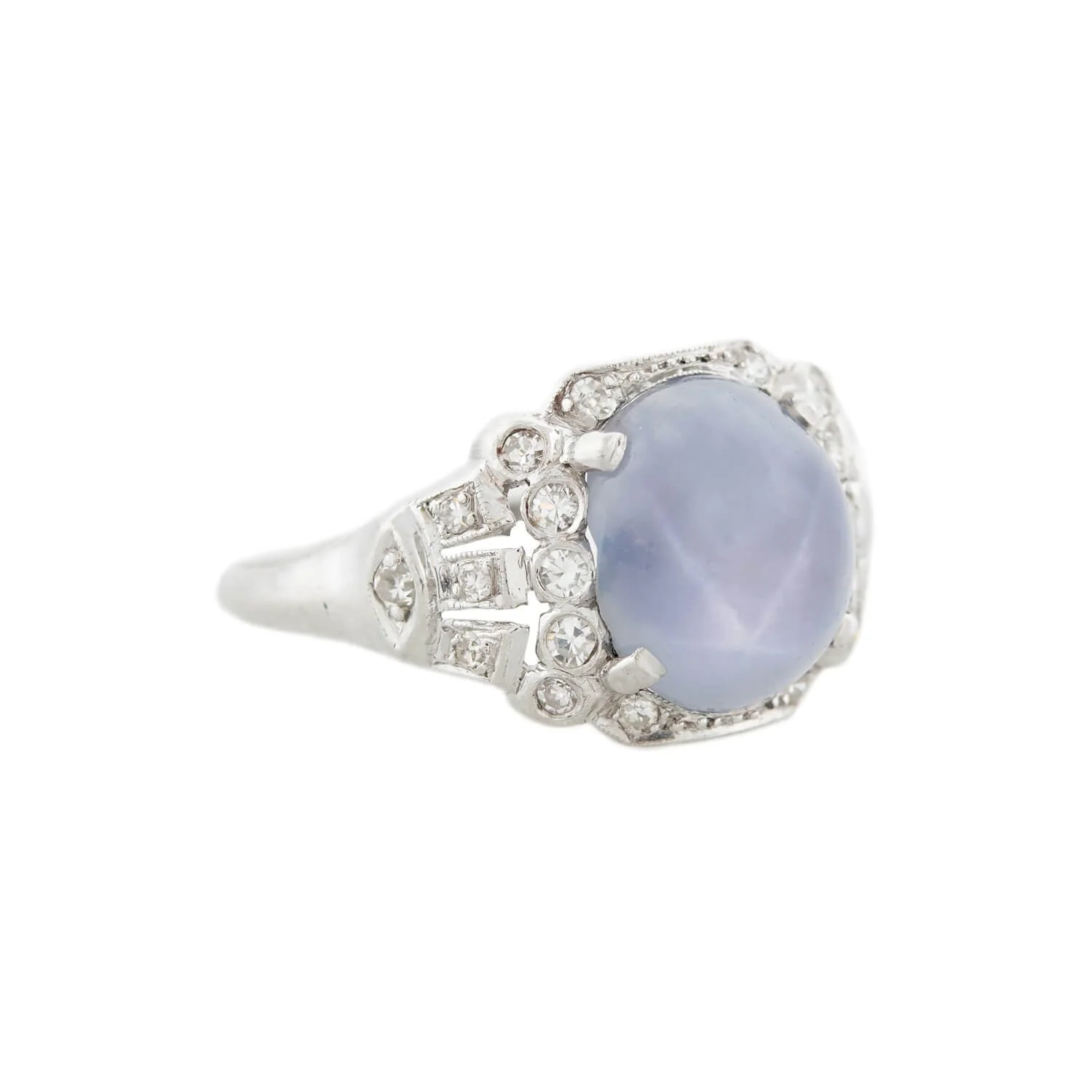 Art Deco Platinum 3.0ct Star Sapphire Cabochon + Diamond Ring - Image 2