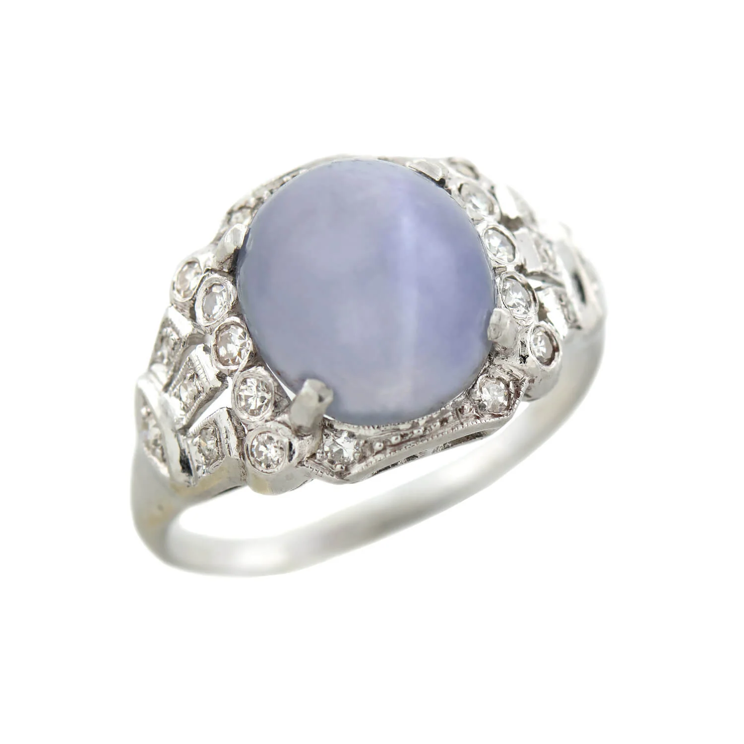 Art Deco Platinum 3.0ct Star Sapphire Cabochon + Diamond Ring - Image 4