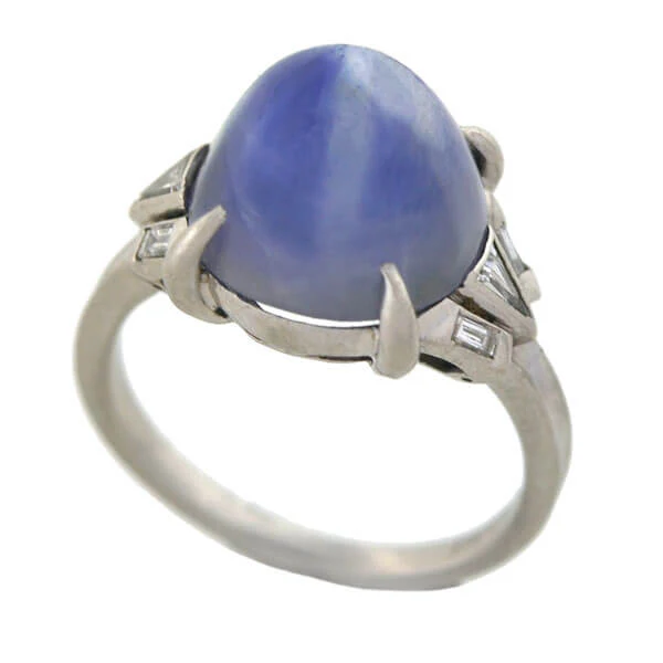 Art Deco Platinum 4.50ct Star Sapphire Cabochon + Diamond Ring - Image 5