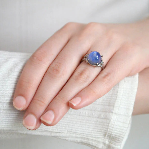Art Deco Platinum 4.50ct Star Sapphire Cabochon + Diamond Ring - Image 8
