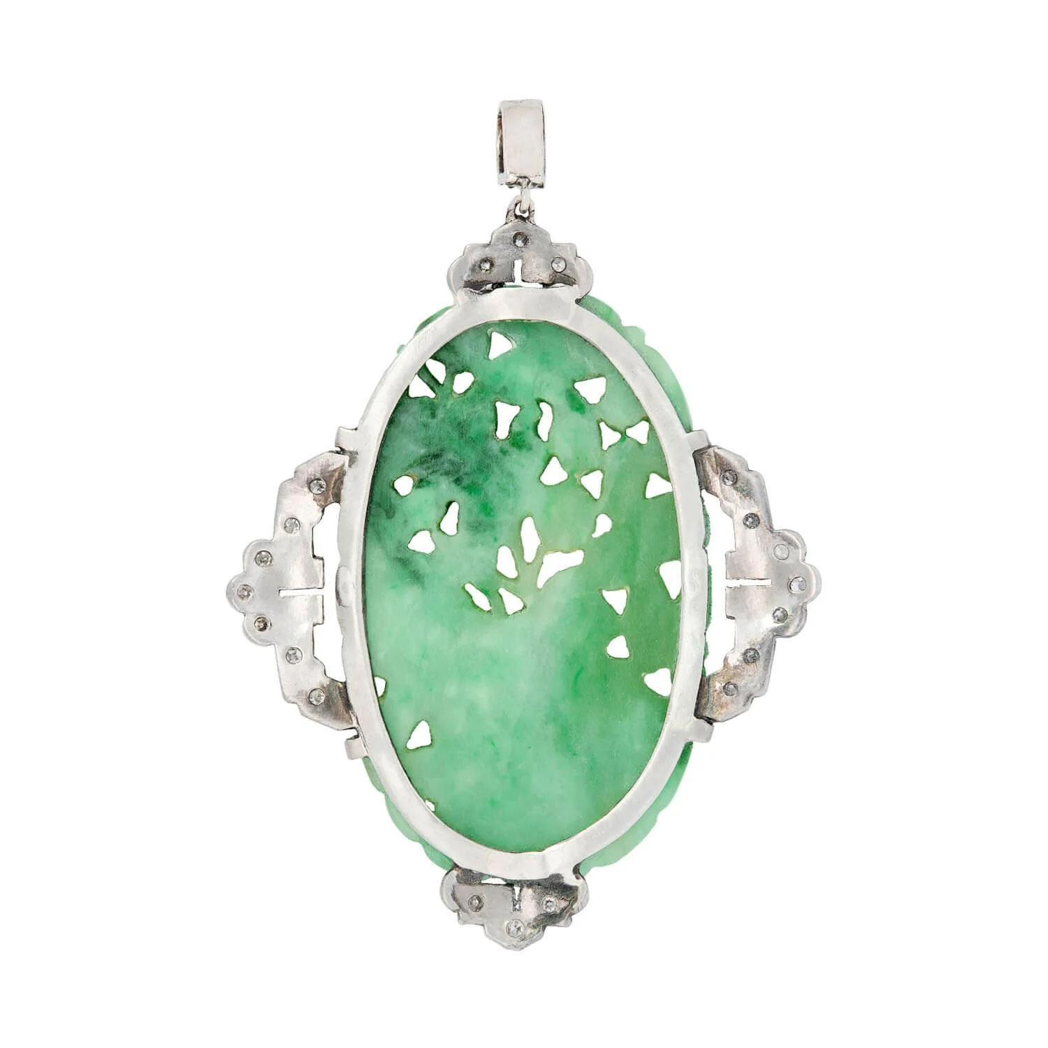 Art Deco Platinum Carved Jade and Diamond Plaque Pendant - Image 3