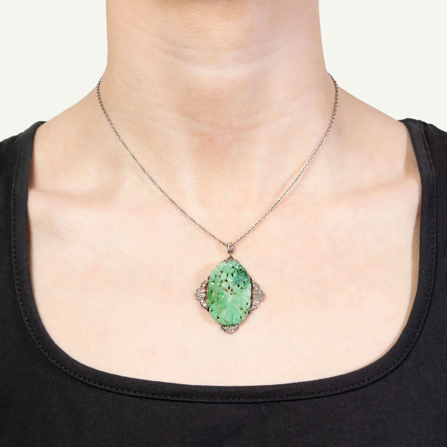 Art Deco Platinum Carved Jade and Diamond Plaque Pendant - Image 4