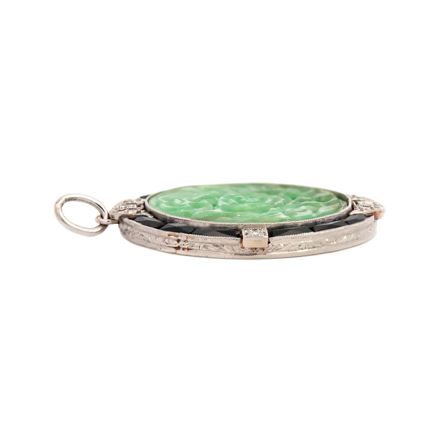 Art Deco Platinum Carved Jade, Onyx & Diamond Pendant - Image 2