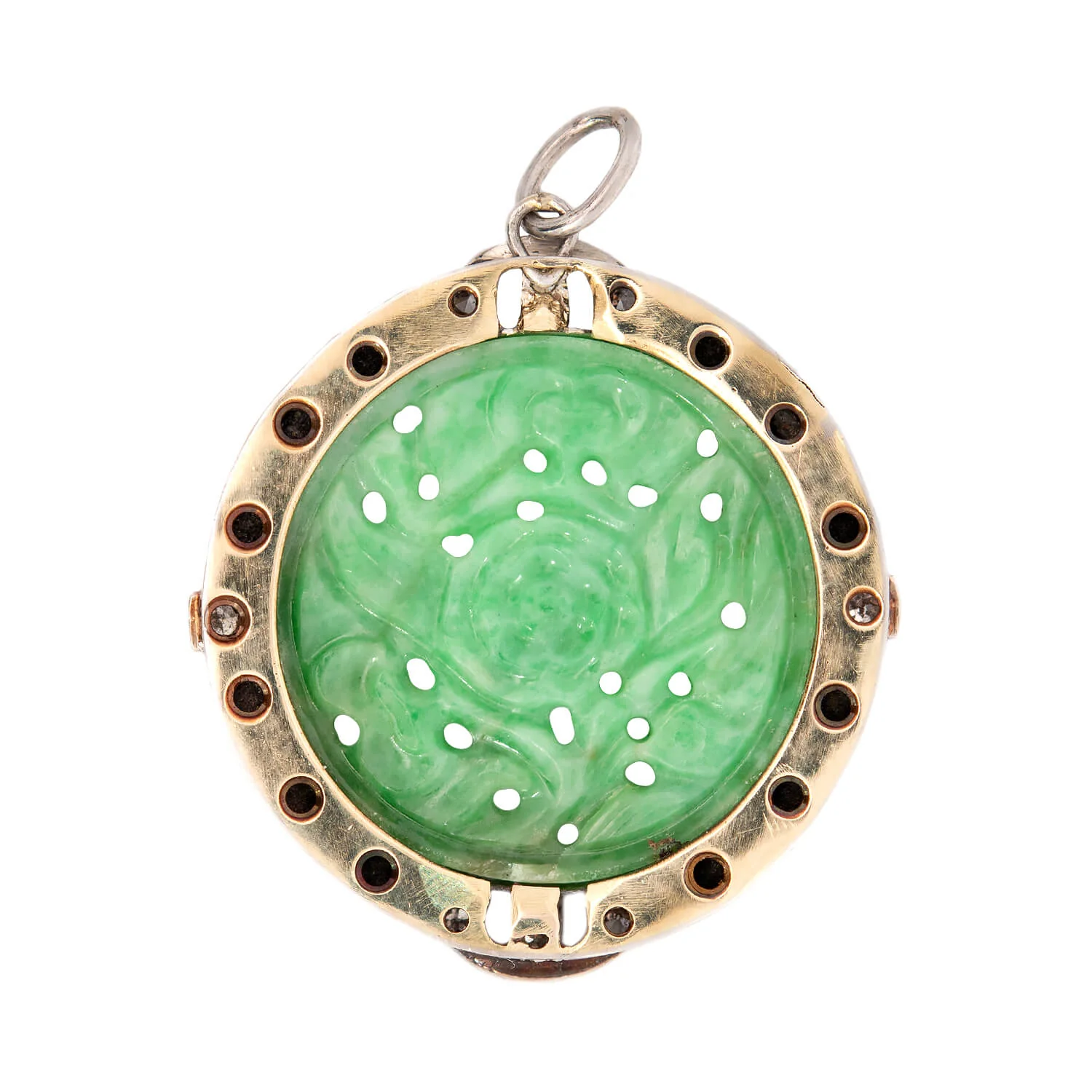 Art Deco Platinum Carved Jade, Onyx & Diamond Pendant - Image 3