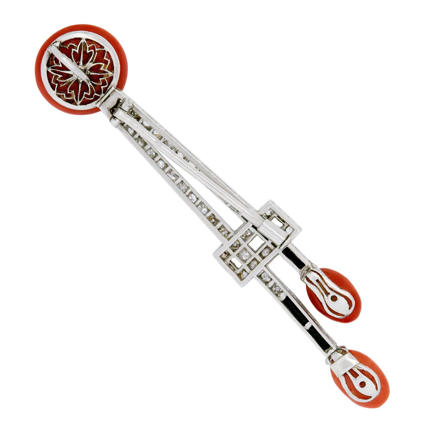 Art Deco Platinum Coral, Onyx and Diamond Pin/Pendant - Image 3