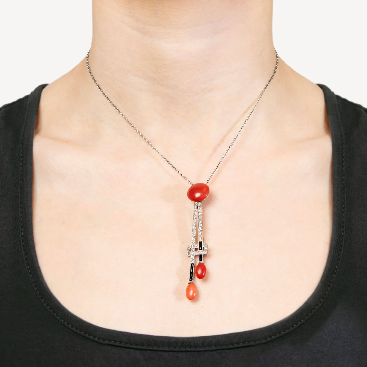 Art Deco Platinum Coral, Onyx and Diamond Pin/Pendant - Image 4