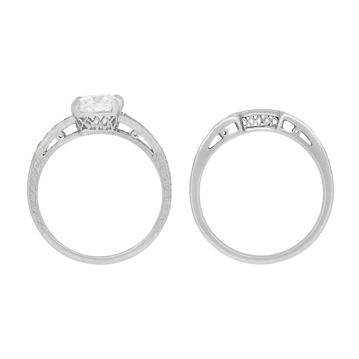 Art Deco Platinum Diamond and Sapphire Engagement + Contoured Band Ring Set 1.53ct - Image 5