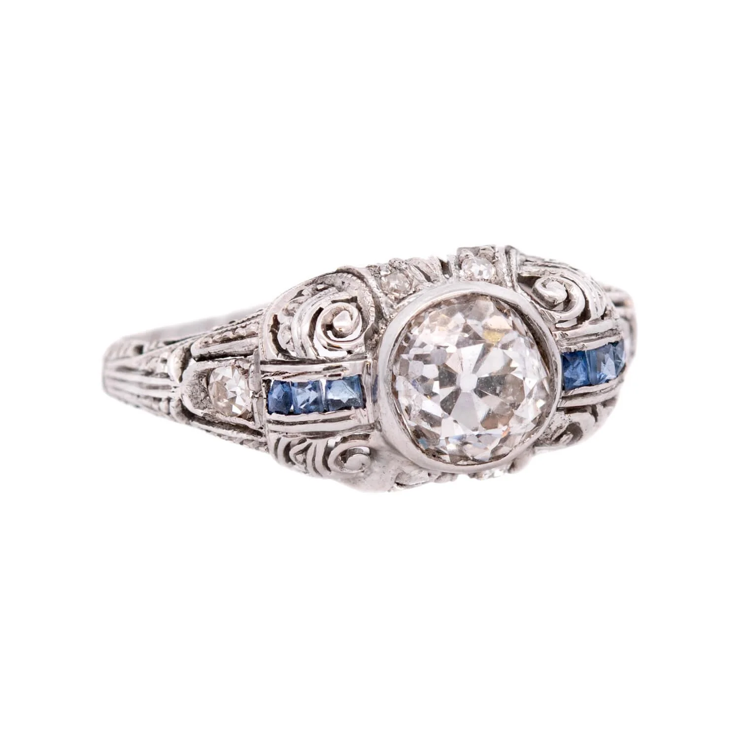 Art Deco Platinum Diamond and Sapphire Engagement Ring 1.03ct - Image 2