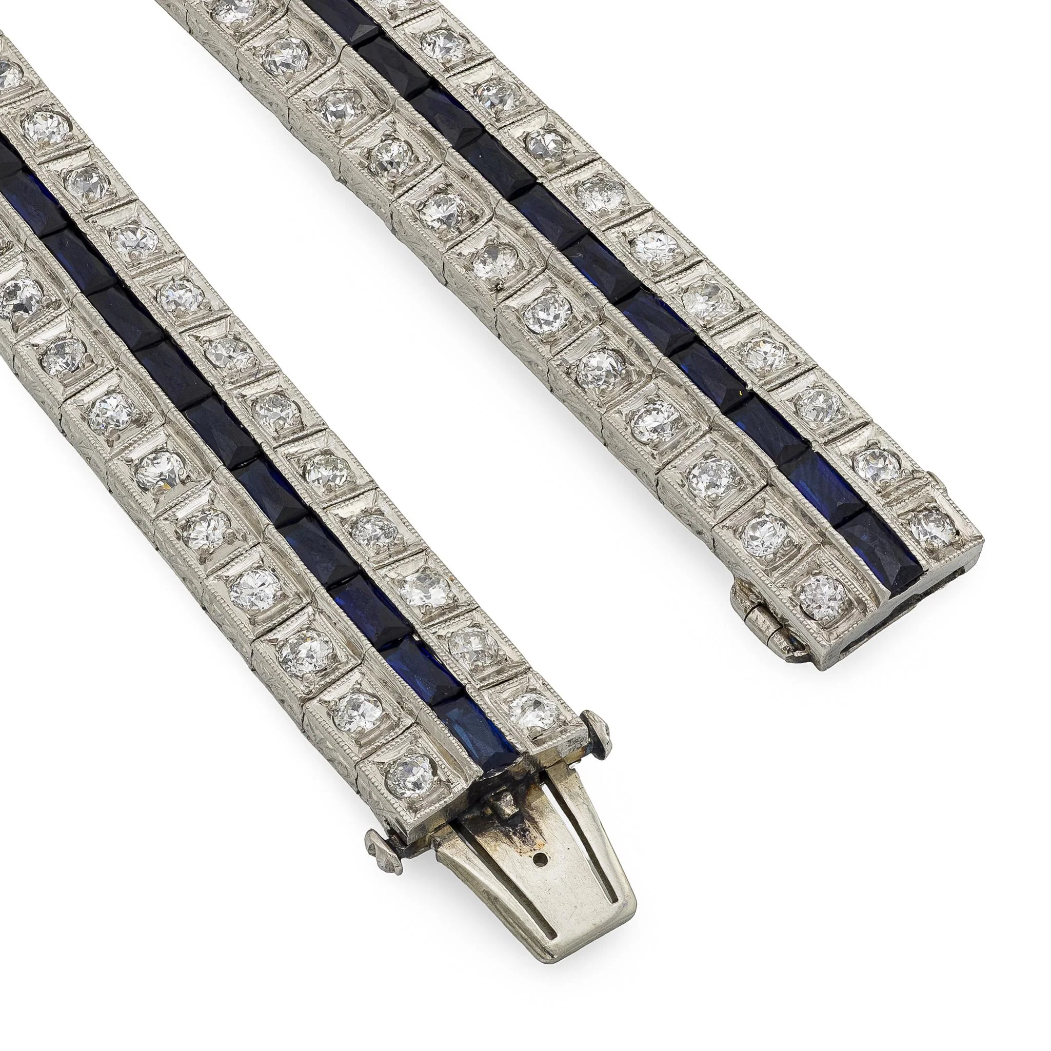 Art Deco Platinum Diamond and Sapphire Line Bracelet - Image 4