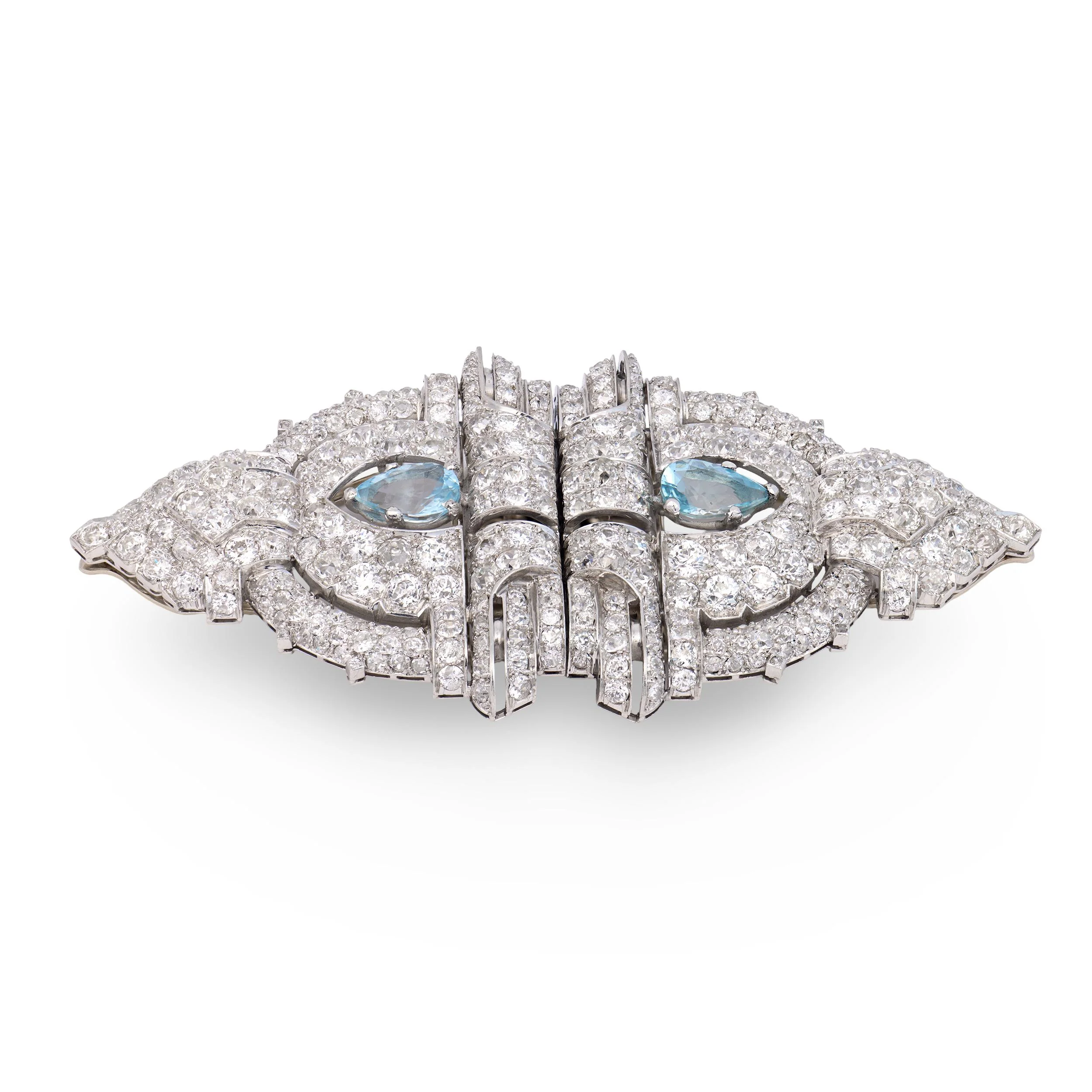 Art Deco Platinum Diamond & Aqua Pin/Fur Clip Set - Image 4