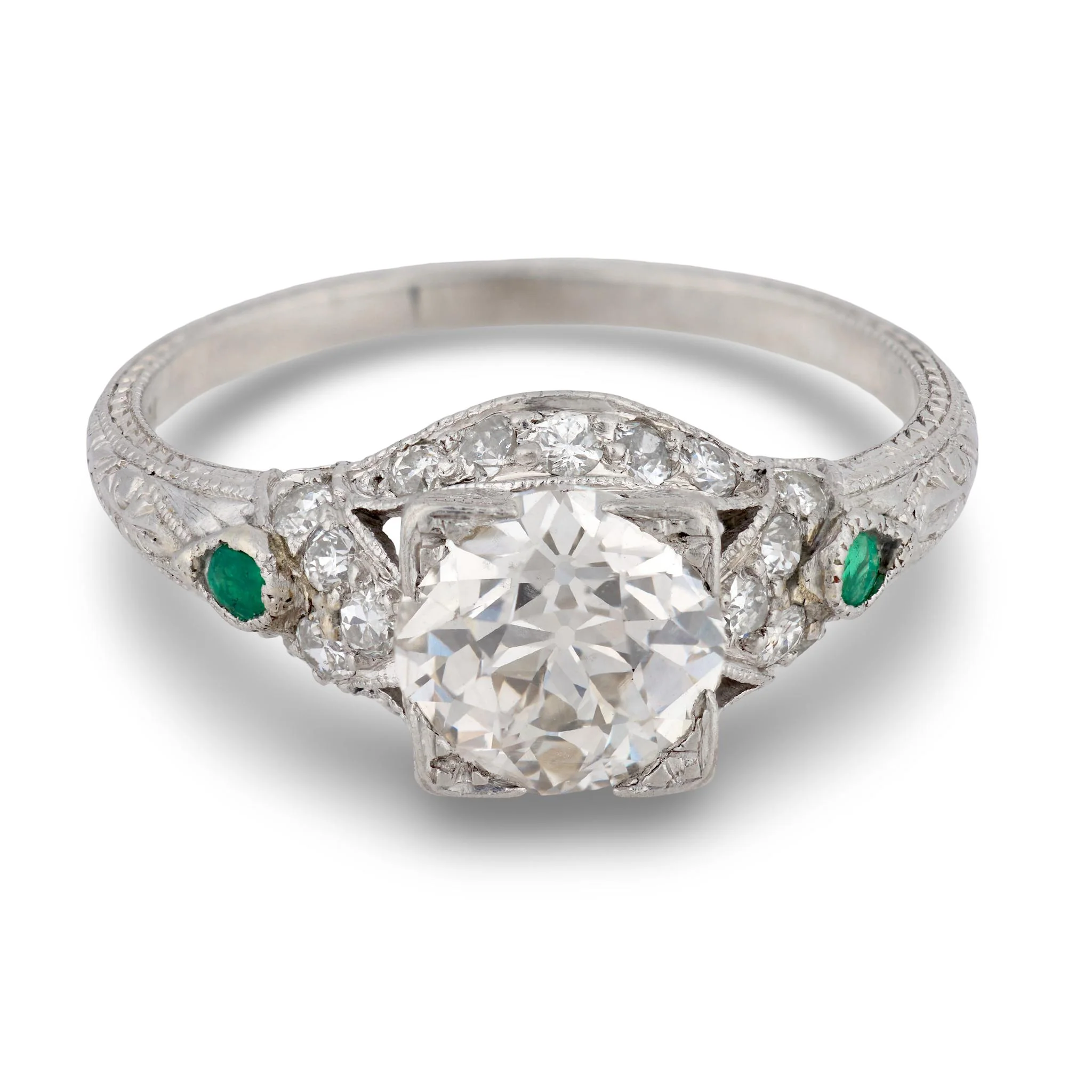 Art Deco Platinum Diamond & Emerald Engagement Ring 1.59ct - Image 2