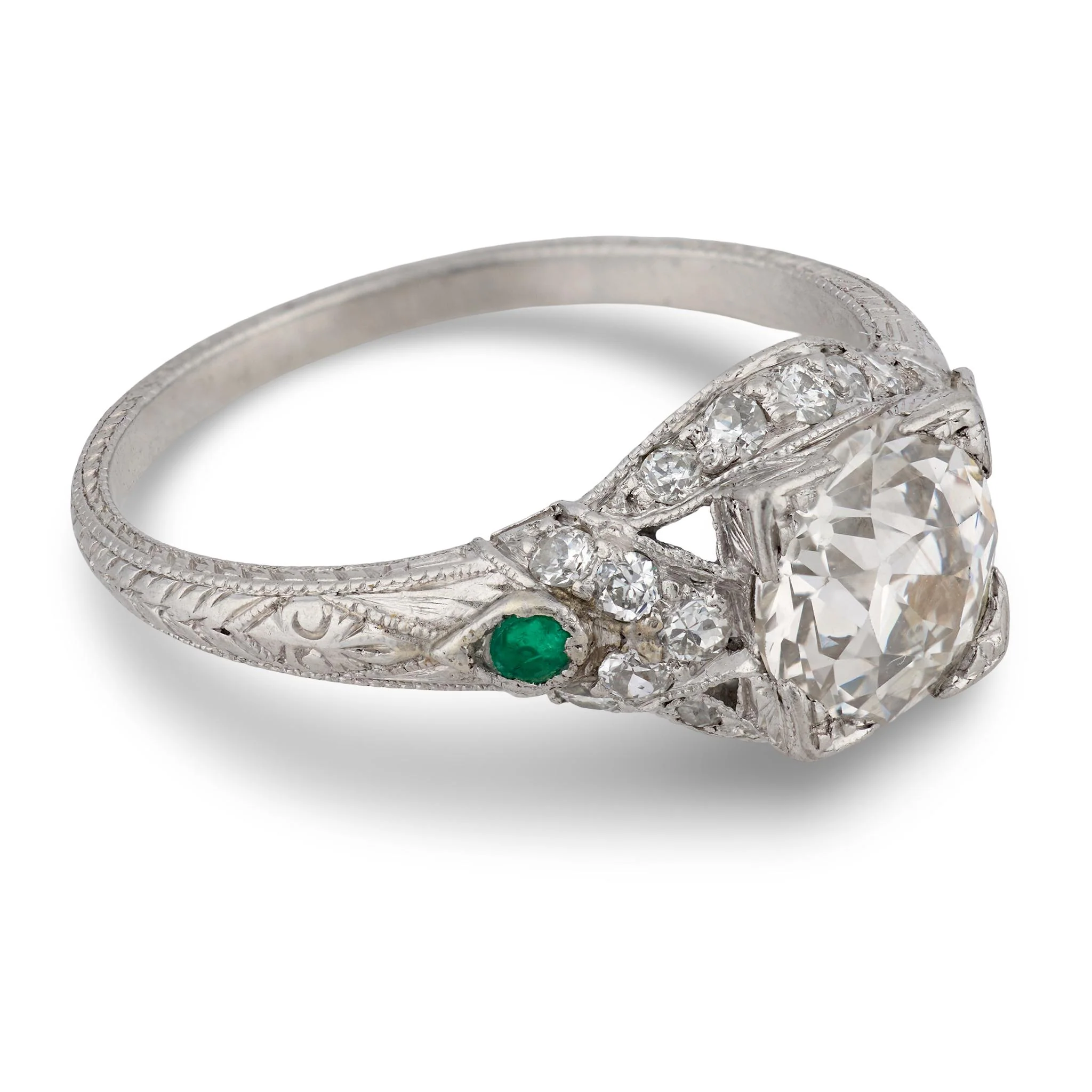 Art Deco Platinum Diamond & Emerald Engagement Ring 1.59ct - Image 3