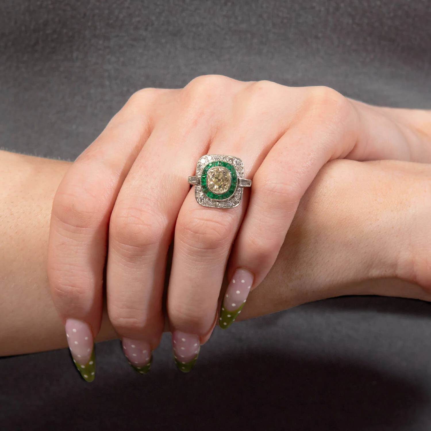 Art Deco Platinum Diamond & Emerald Engagement Ring 2.10ct - Image 6