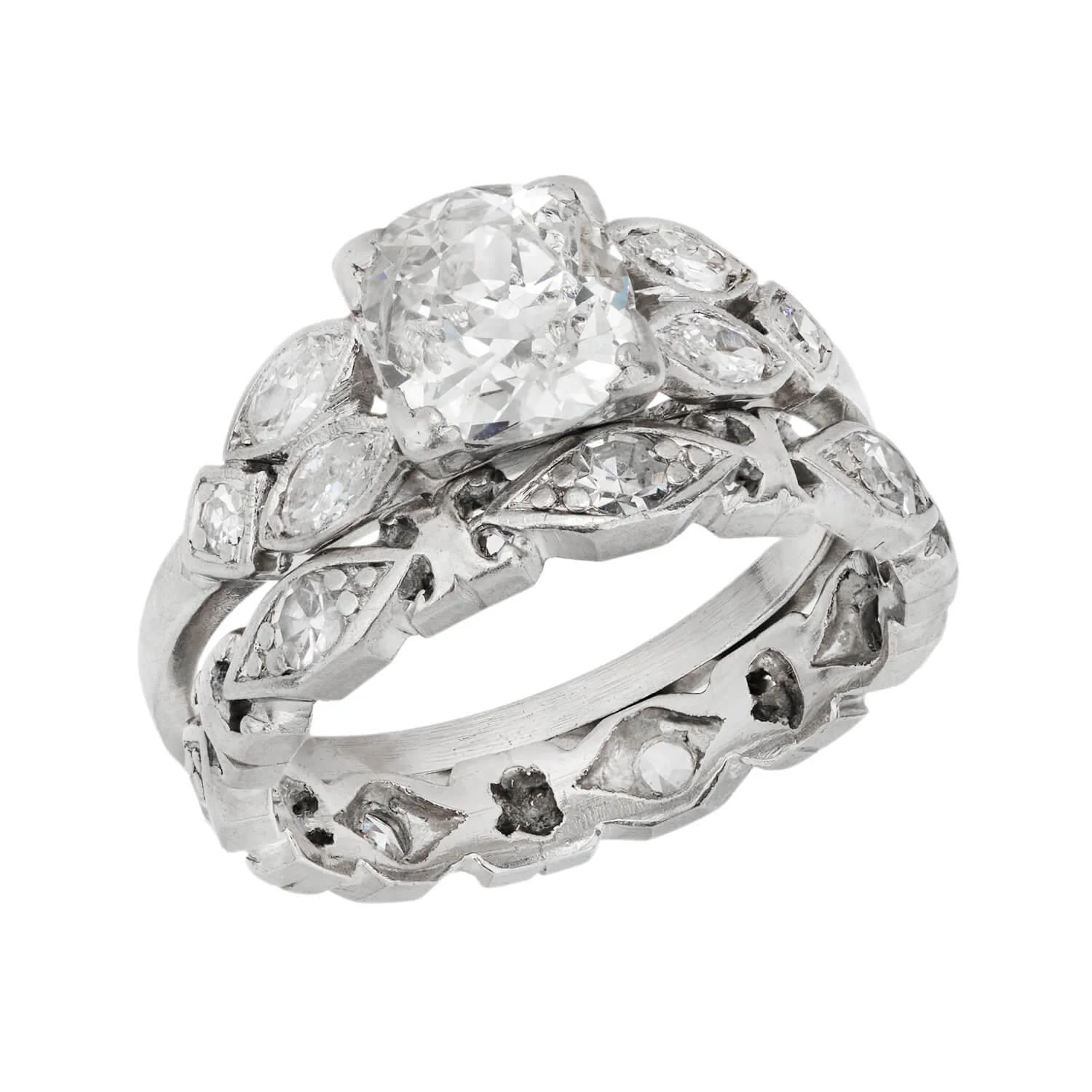 Art Deco Platinum Diamond Engagement Ring and Band Set .75ct
