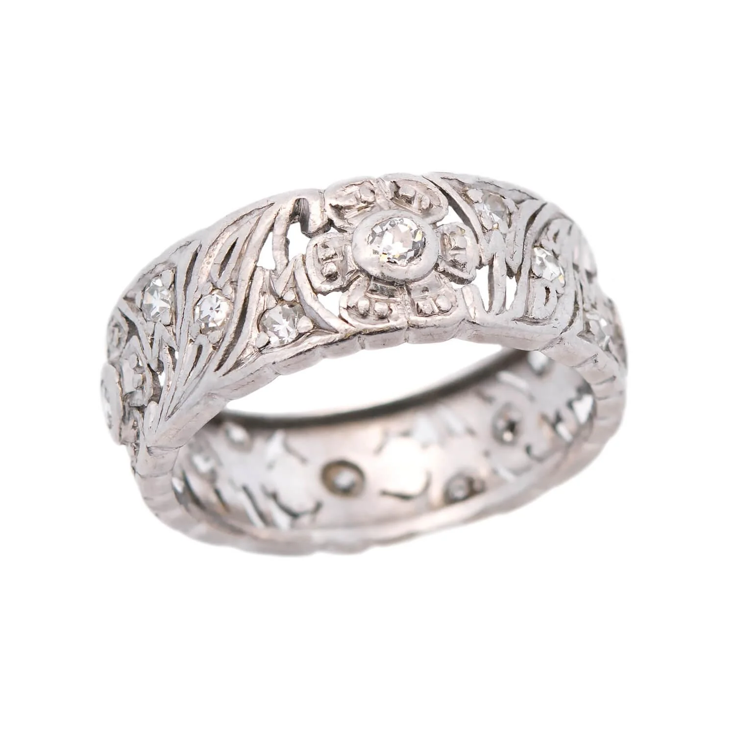 Art Deco Platinum Wide Diamond Flower Motif Band .80ctw