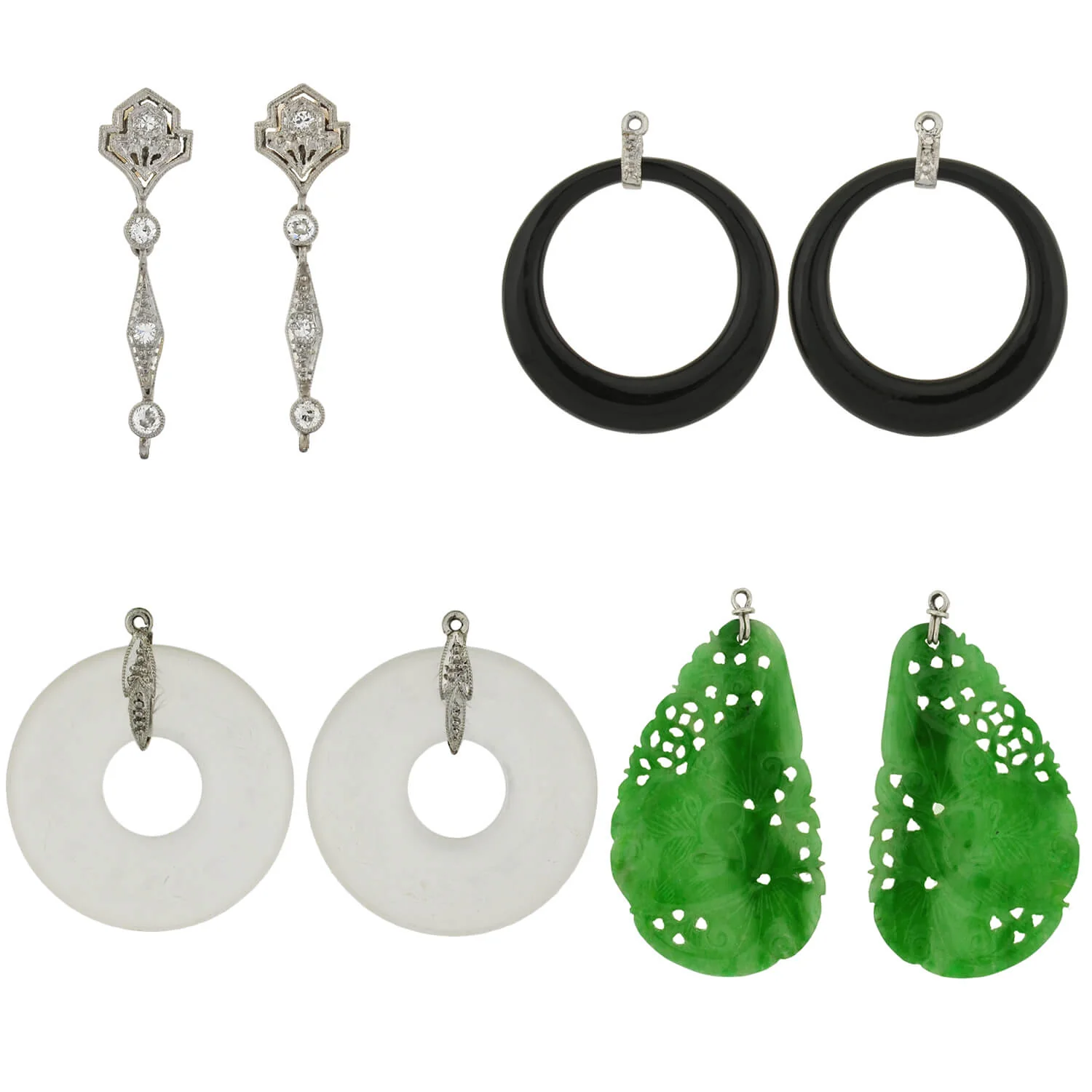 Art Deco Platinum Diamond, Jadeite, Onyx + Rock Crystal Convertible Earrings - Image 2