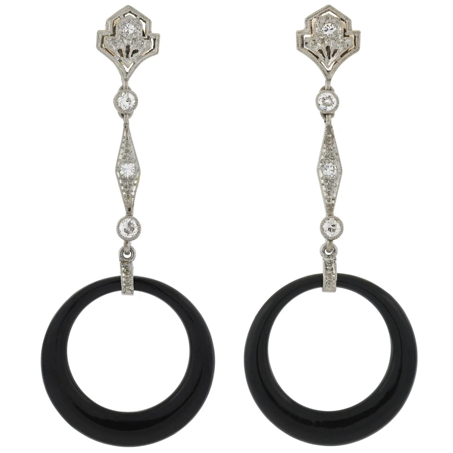 Art Deco Platinum Diamond, Jadeite, Onyx + Rock Crystal Convertible Earrings - Image 4