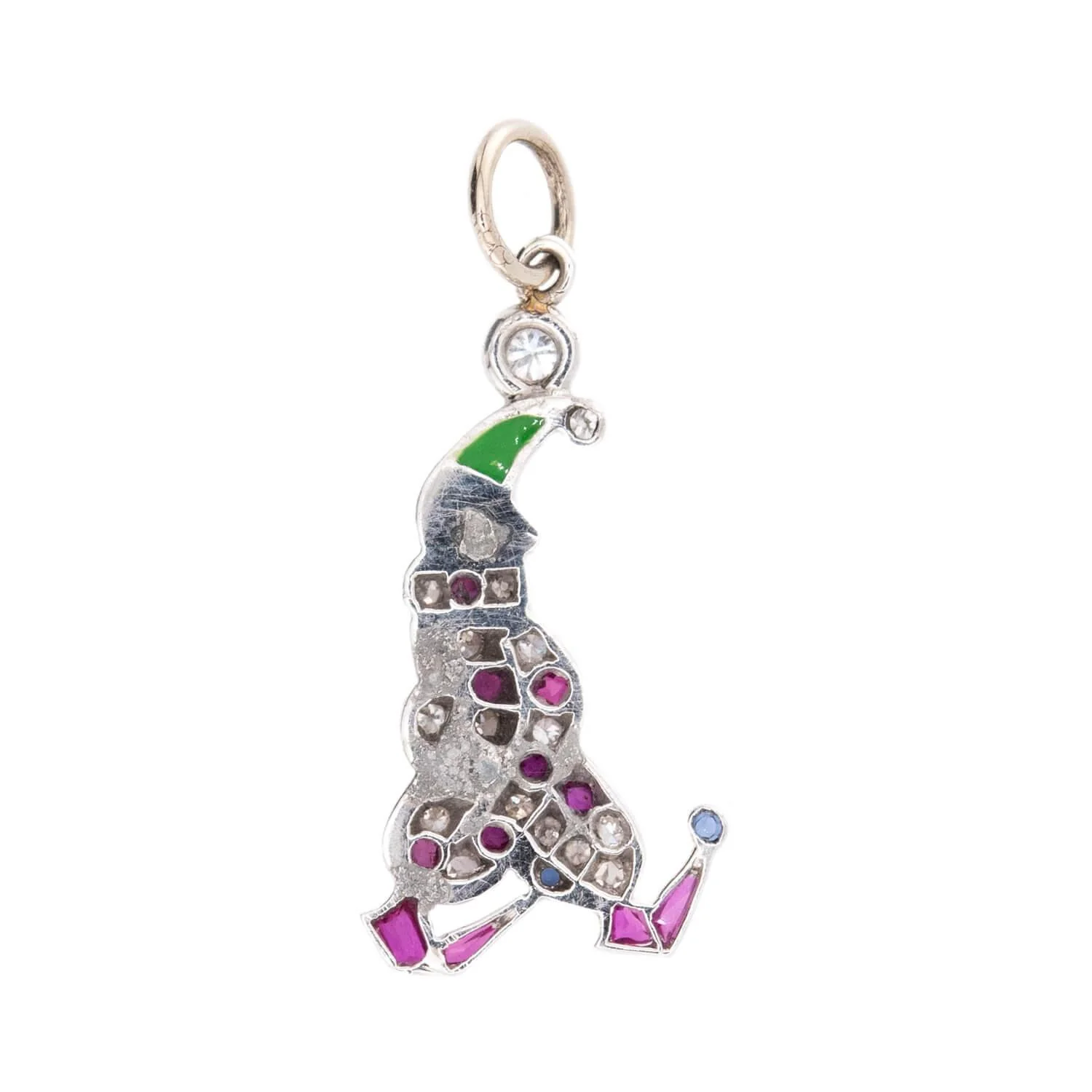 Art Deco Platinum Diamond, Ruby, Sapphire, & Enamel Clown Pendant/Charm - Image 3