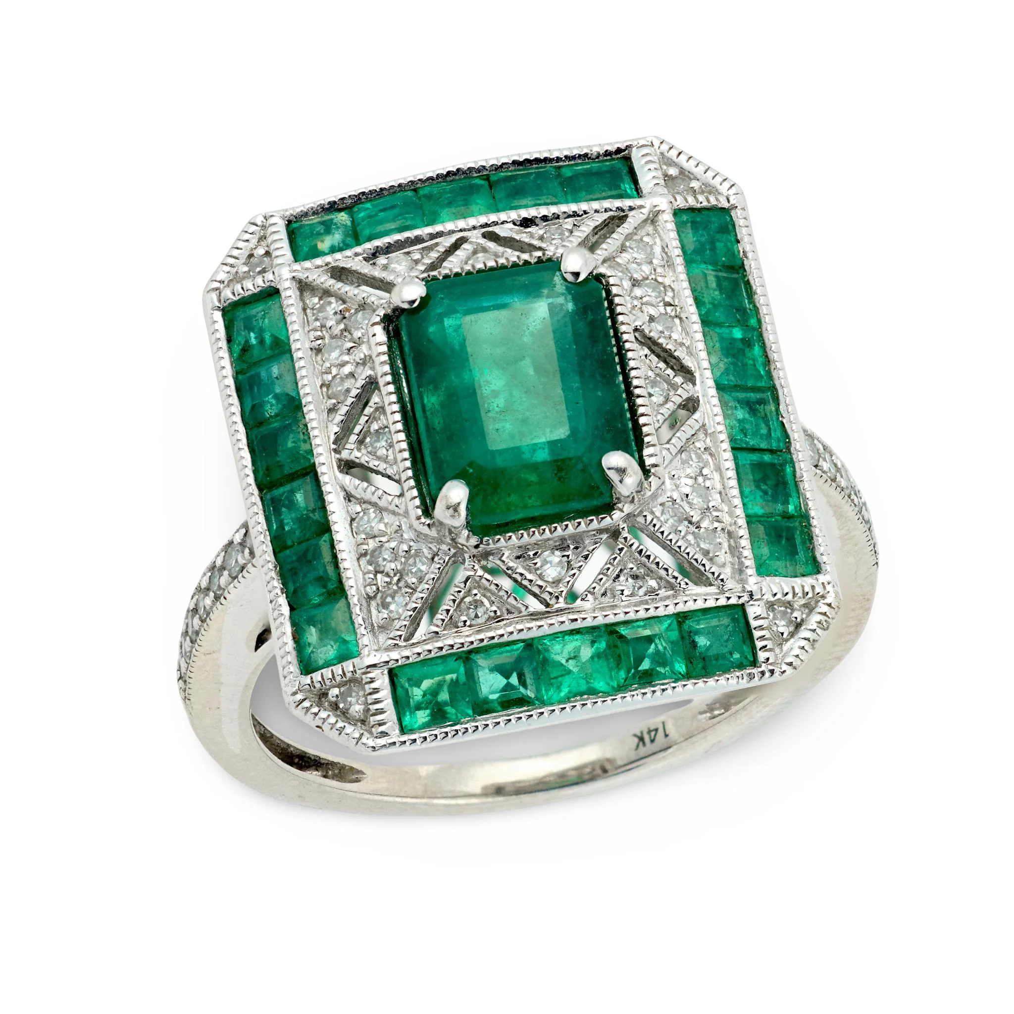 "Art Deco" 14k Emerald & Diamond Ring