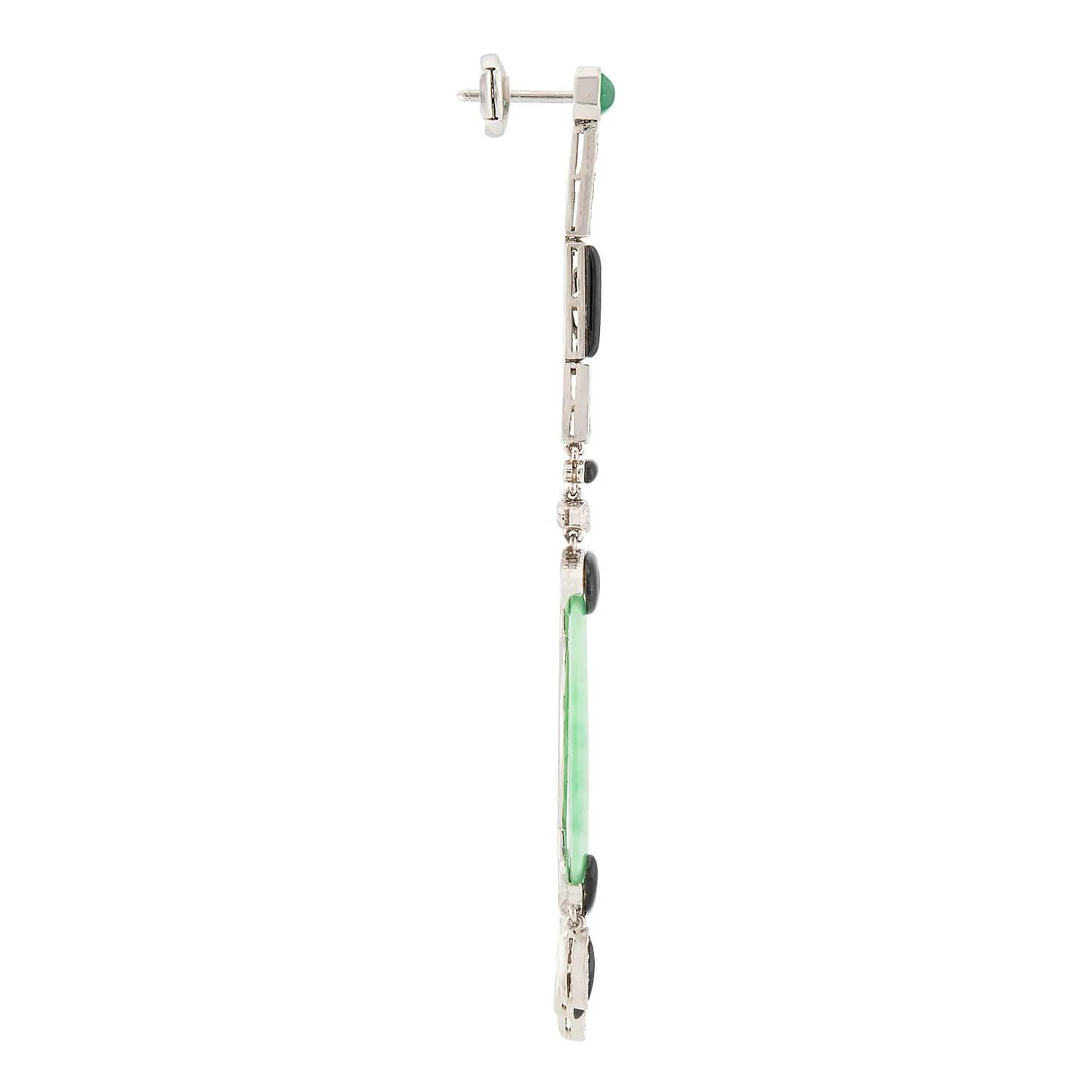 Art Deco Platinum Jade, Diamond, Emerald, and Enamel Disc Earrings - Image 2