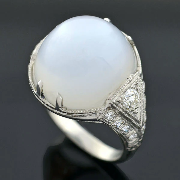 Art Deco Platinum Moonstone & Diamond Ring - Image 5