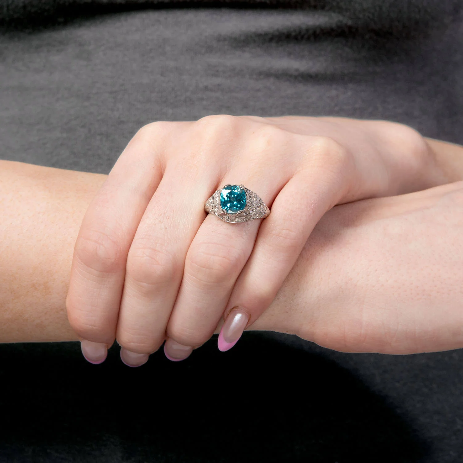 Art Deco Platinum Mounting Zircon & Diamond Ring - Image 6