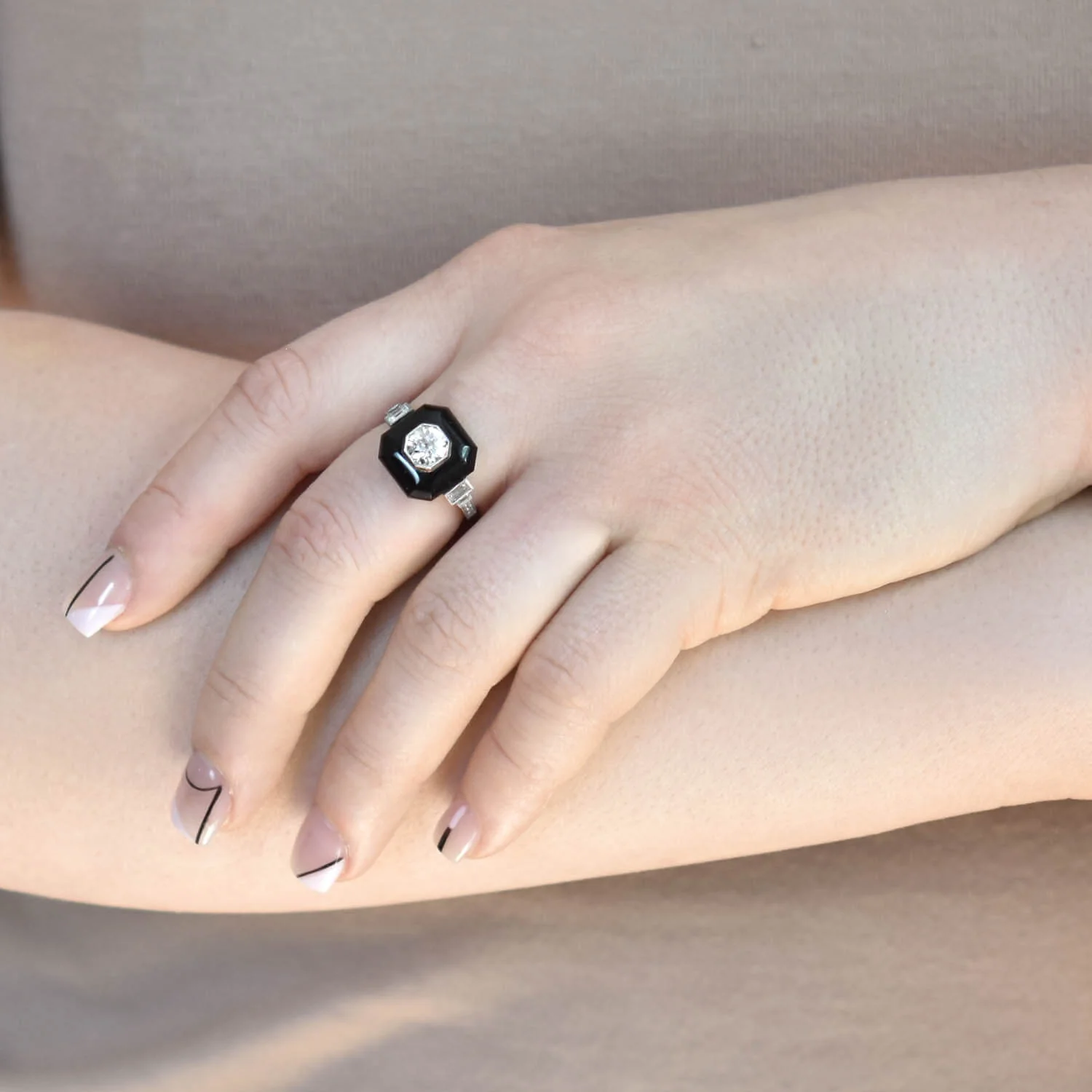 Art Deco Platinum Onyx + Diamond Ring - Image 6