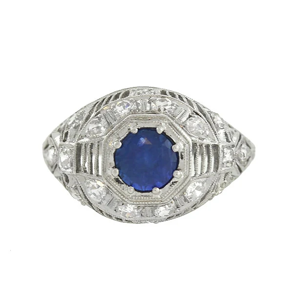 Art Deco Platinum Sapphire & Diamond Filigree Ring .91ct - Image 3