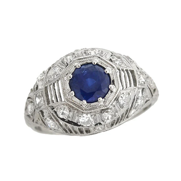 Art Deco Platinum Sapphire & Diamond Filigree Ring .91ct - Image 5