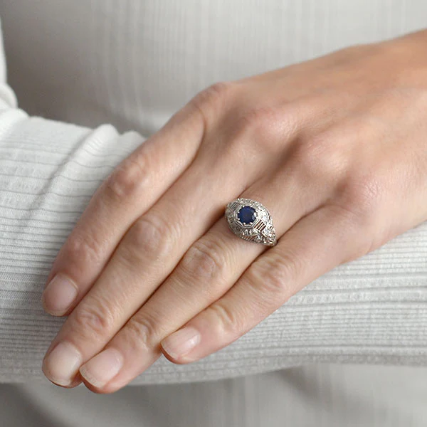 Art Deco Platinum Sapphire & Diamond Filigree Ring .91ct - Image 7