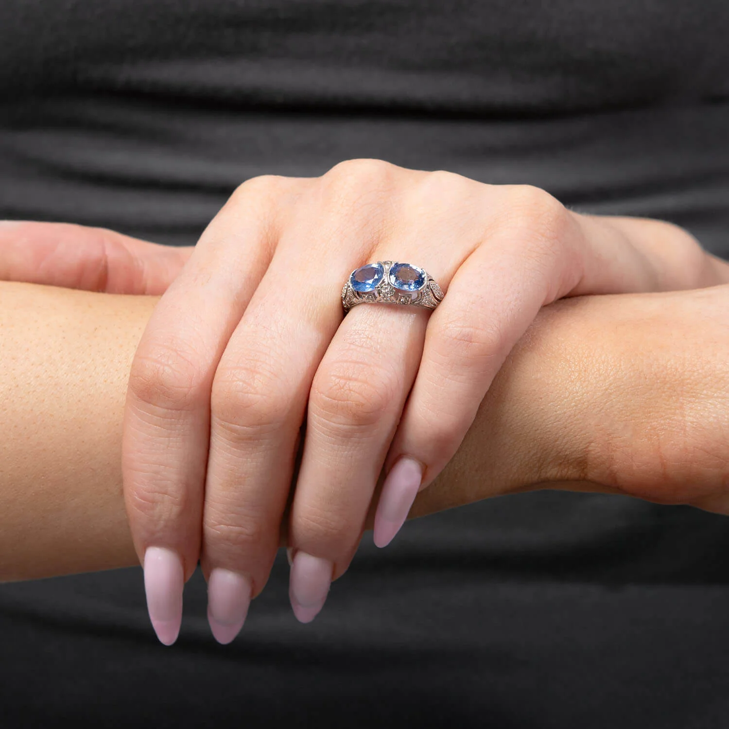 Art Deco Platinum Sapphire & Diamond Ring - Image 6