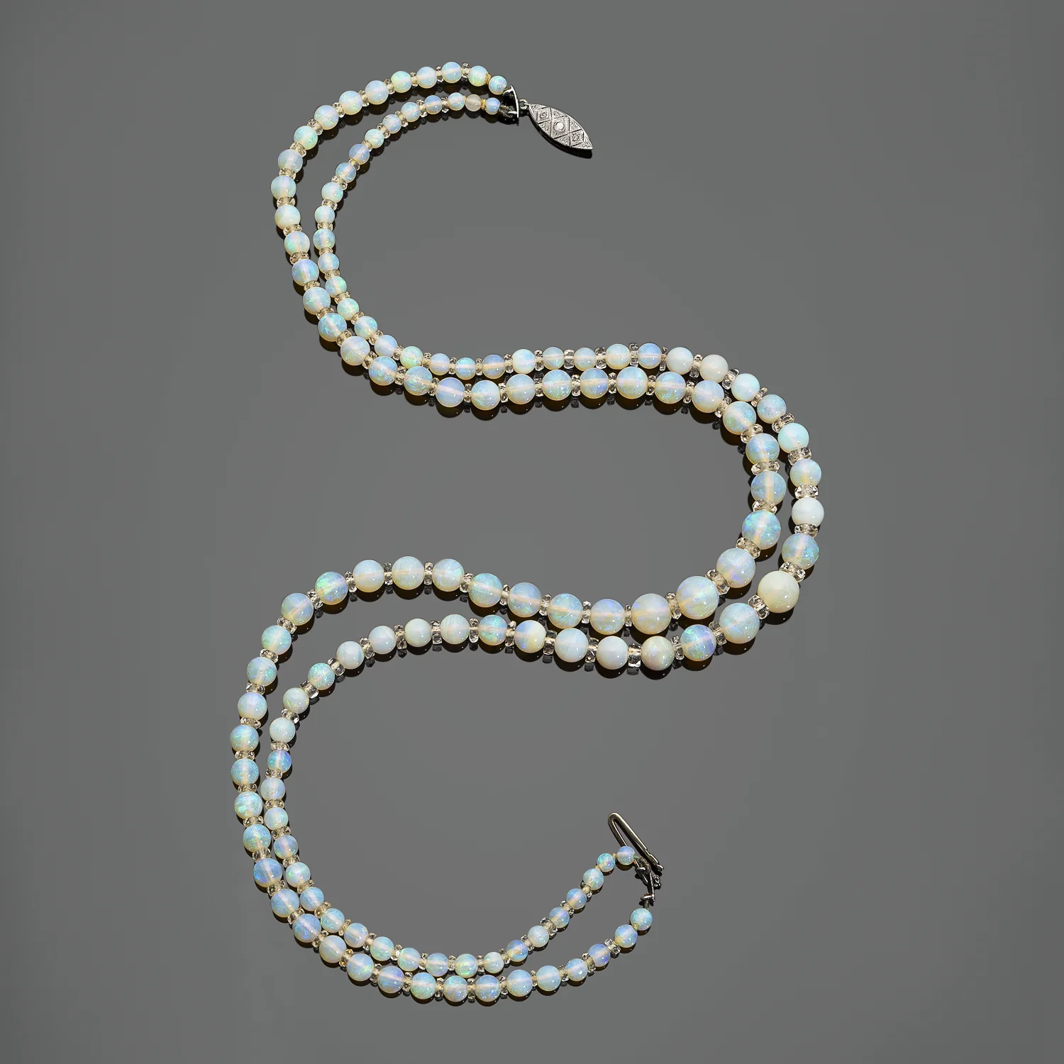 Art Deco Platinum Two Strand Graduated Opal Necklace - Image 2