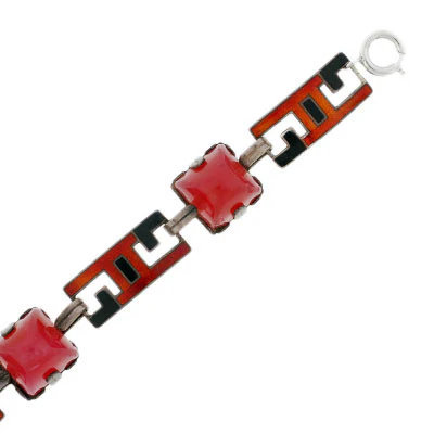 Art Deco Sterling Enamel & Faux Carnelian Link Bracelet - Image 3